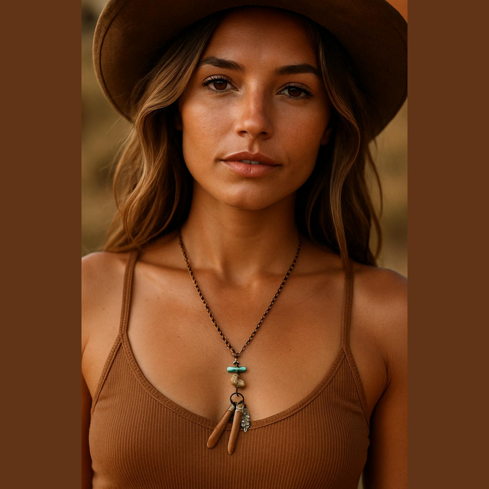 Hand Crafted Copper Gemstone Sea Charm Necklace Turquoise Agate Western Bohemian